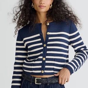 J.CREW NAVY IVORY STRIPED EMILIE PATCH POCKET SWEATER LADY JACKET